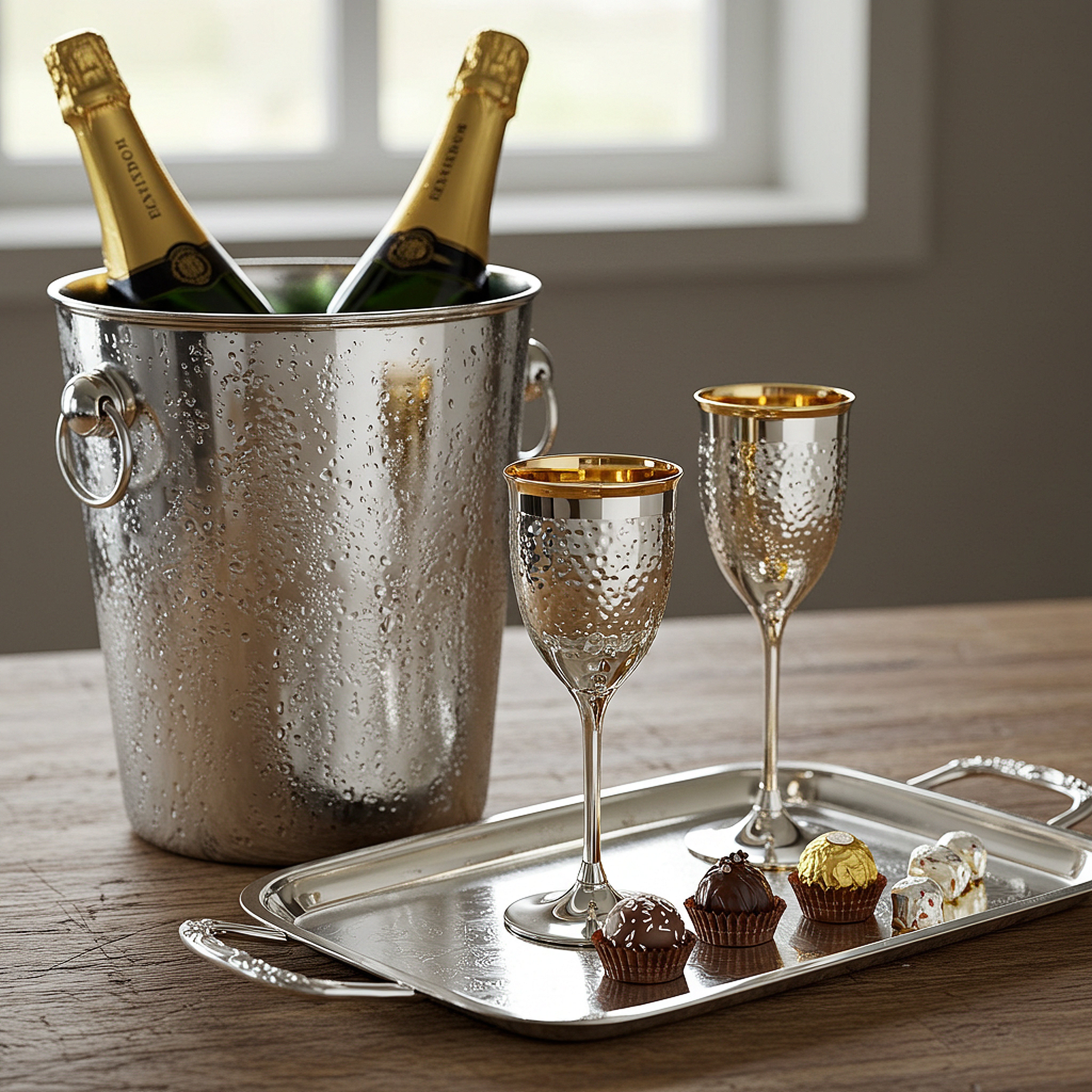 Champagnerkühlerauf dem Tisch mit Flaschen drin