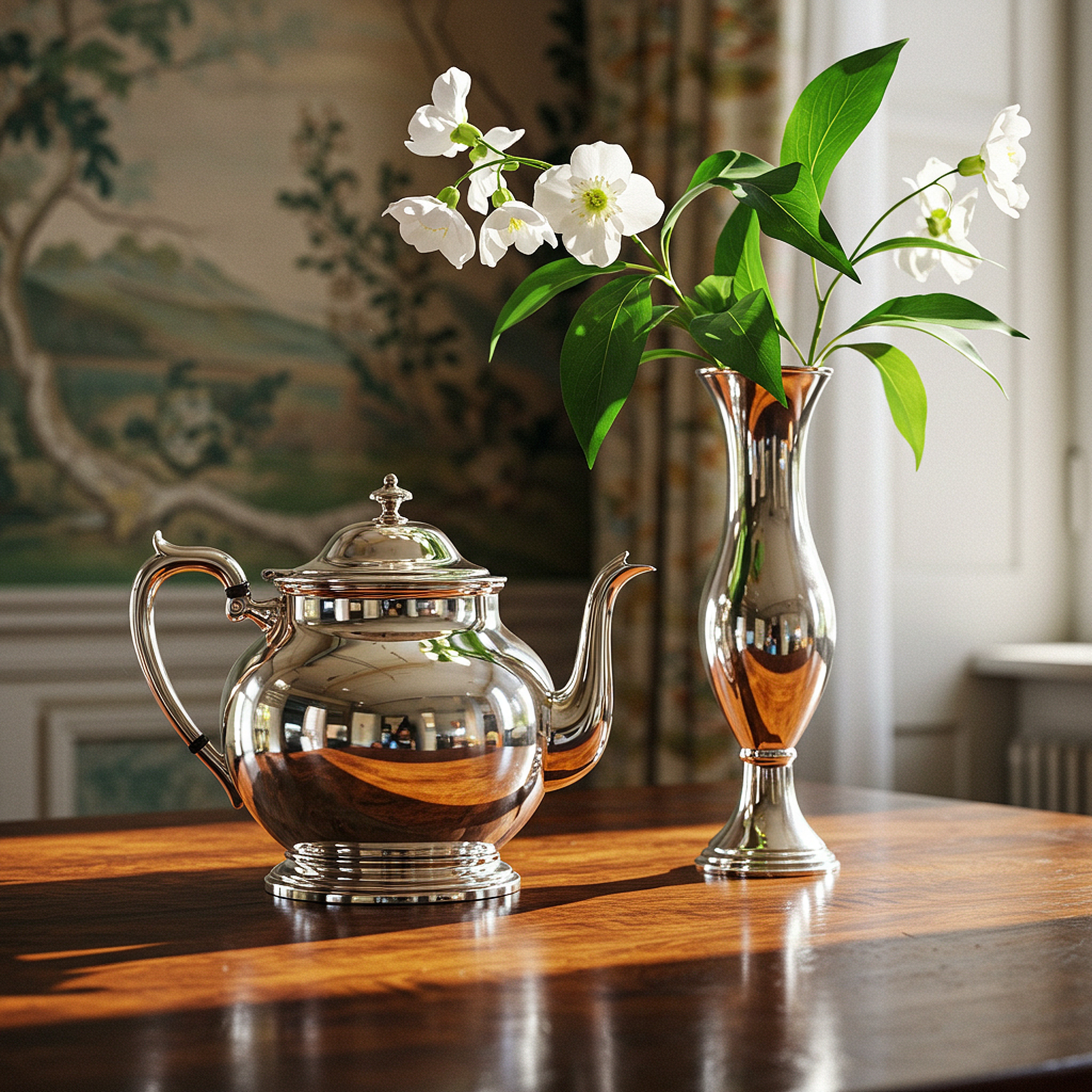 Dekorierter Tisch mit Silberkanne und Silbervase