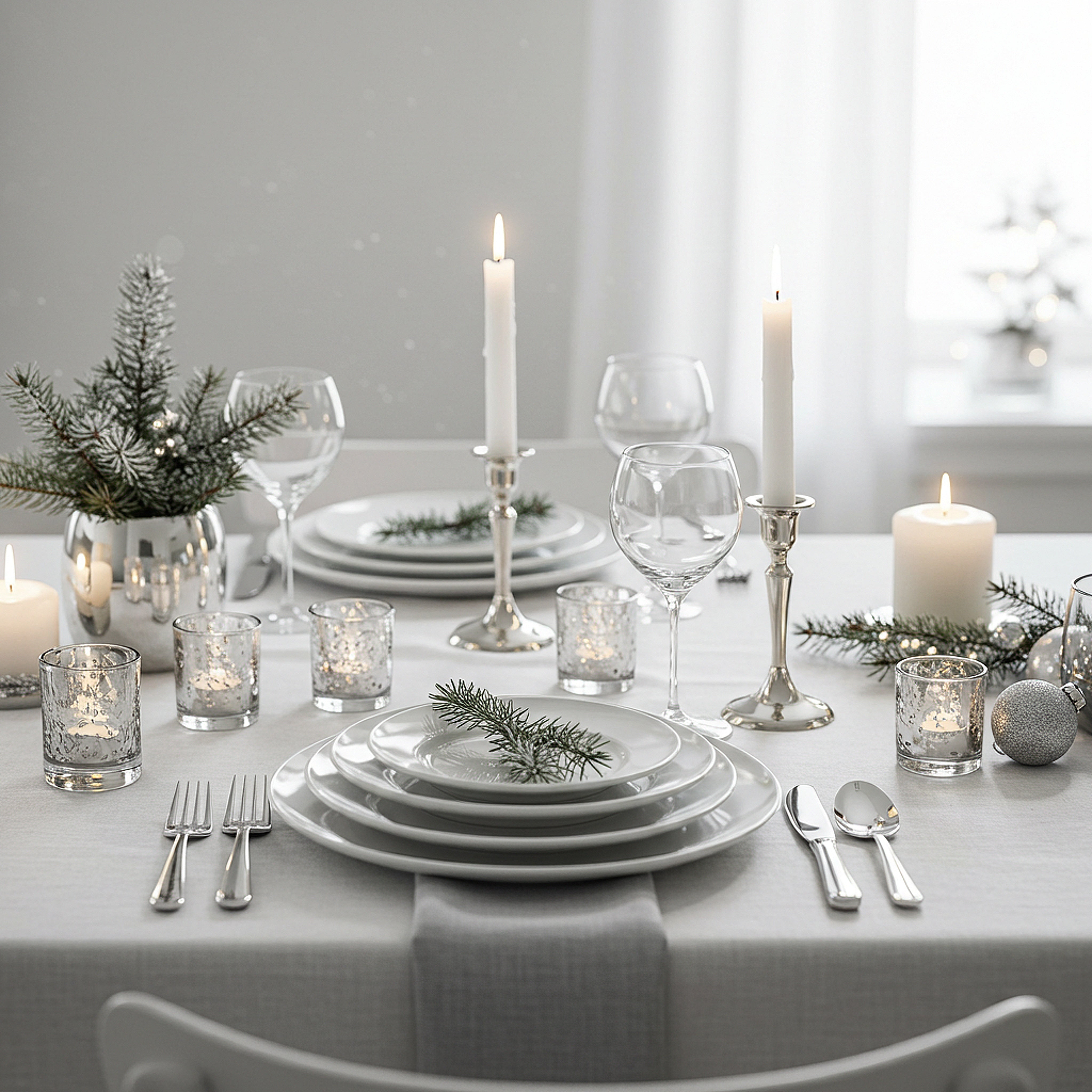 Winterlich gedeckter Tisch mit Tafelsilber