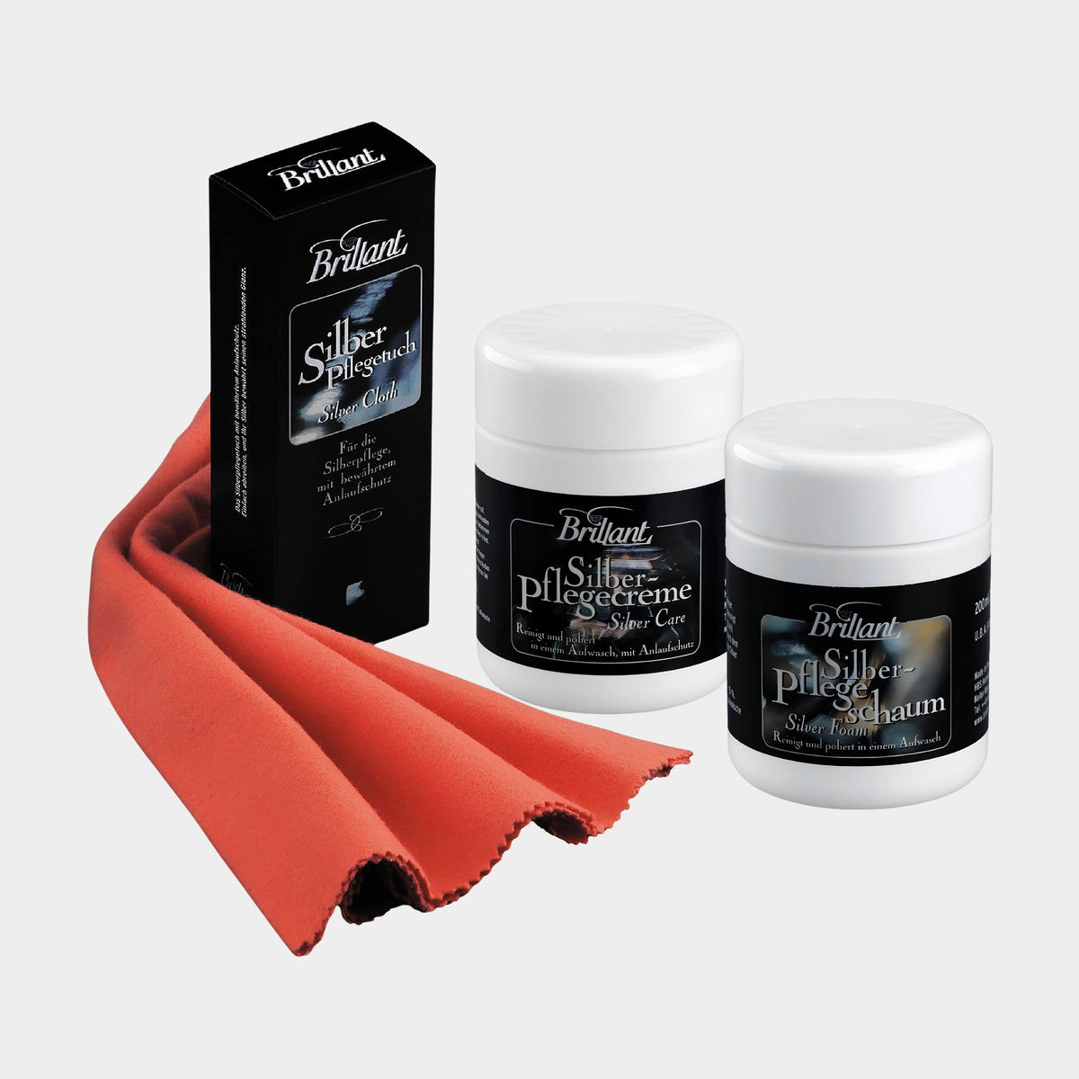 Brillant Silberpflege Set 3-tlg. mit Pflegecreme, Pflegeschaum und Pflegetuch