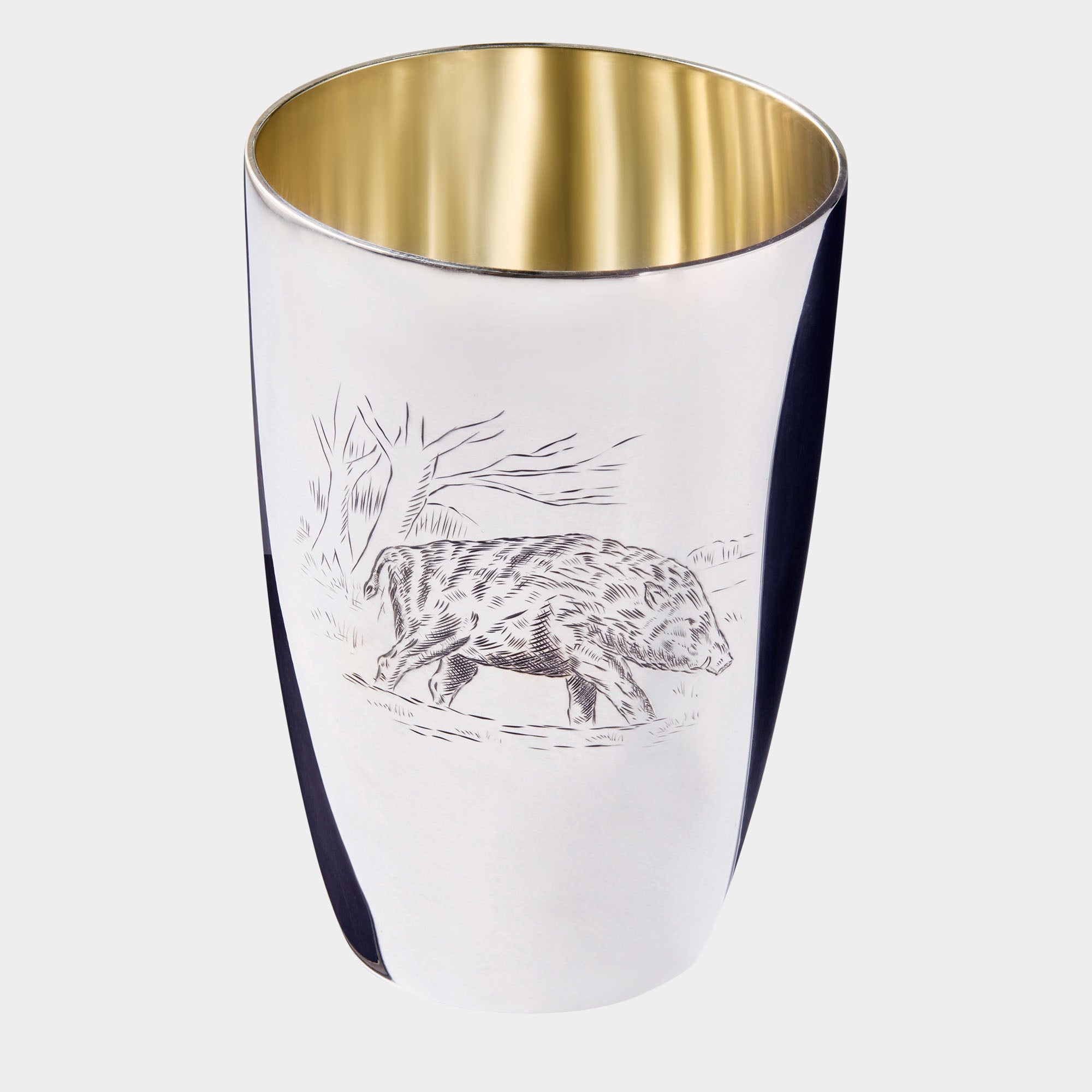 Massiver 925 Sterling Silberbecher mit Jagdgravur - Motiv „Wildschwein“ - Bild 1