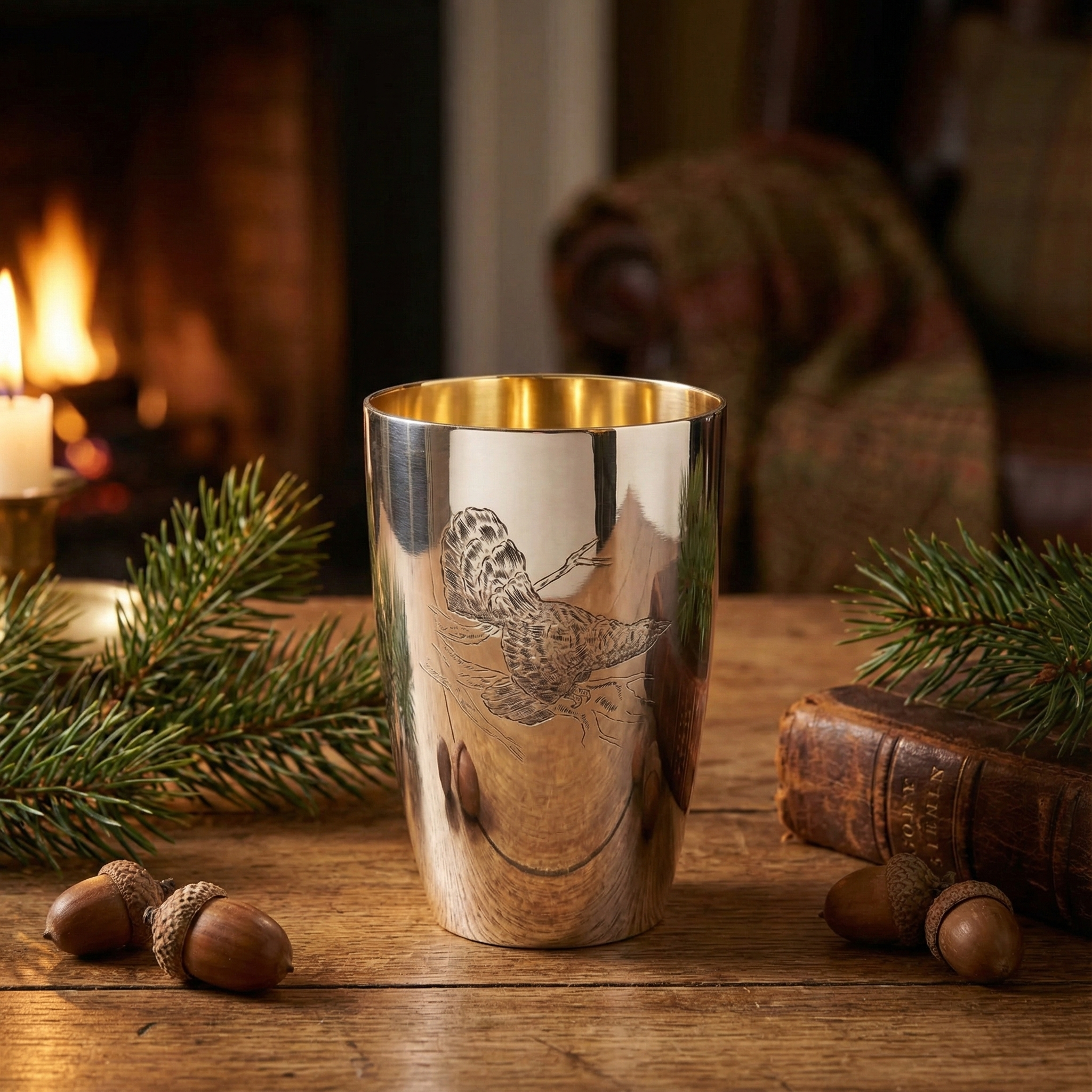 Massiver 925 Sterling Silberbecher mit Jagdgravur - Motiv „Auerhahn“ - Bild 3