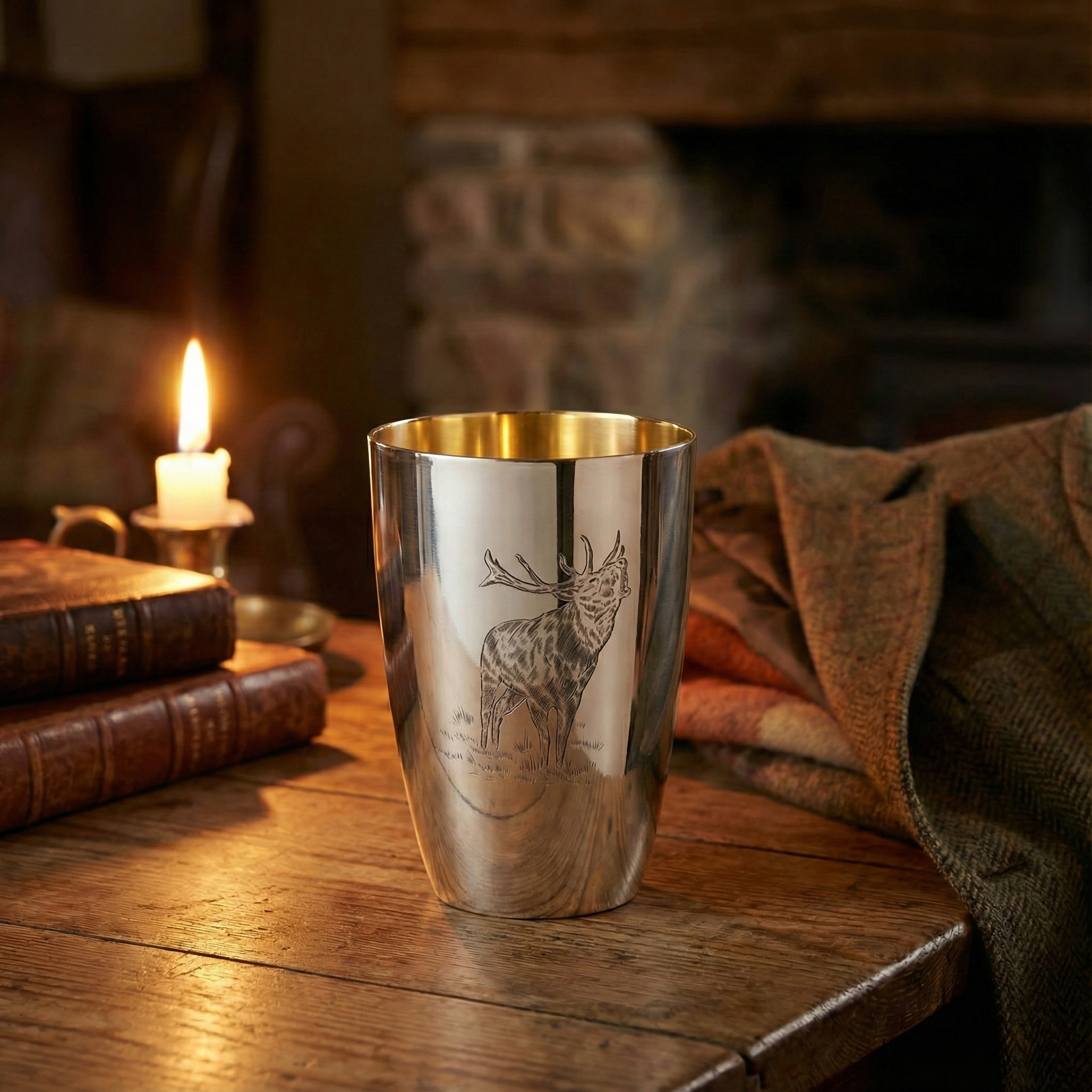 Massiver 925 Sterling Silberbecher mit Jagdgravur - Motiv „Hirsch“ - Bild 3