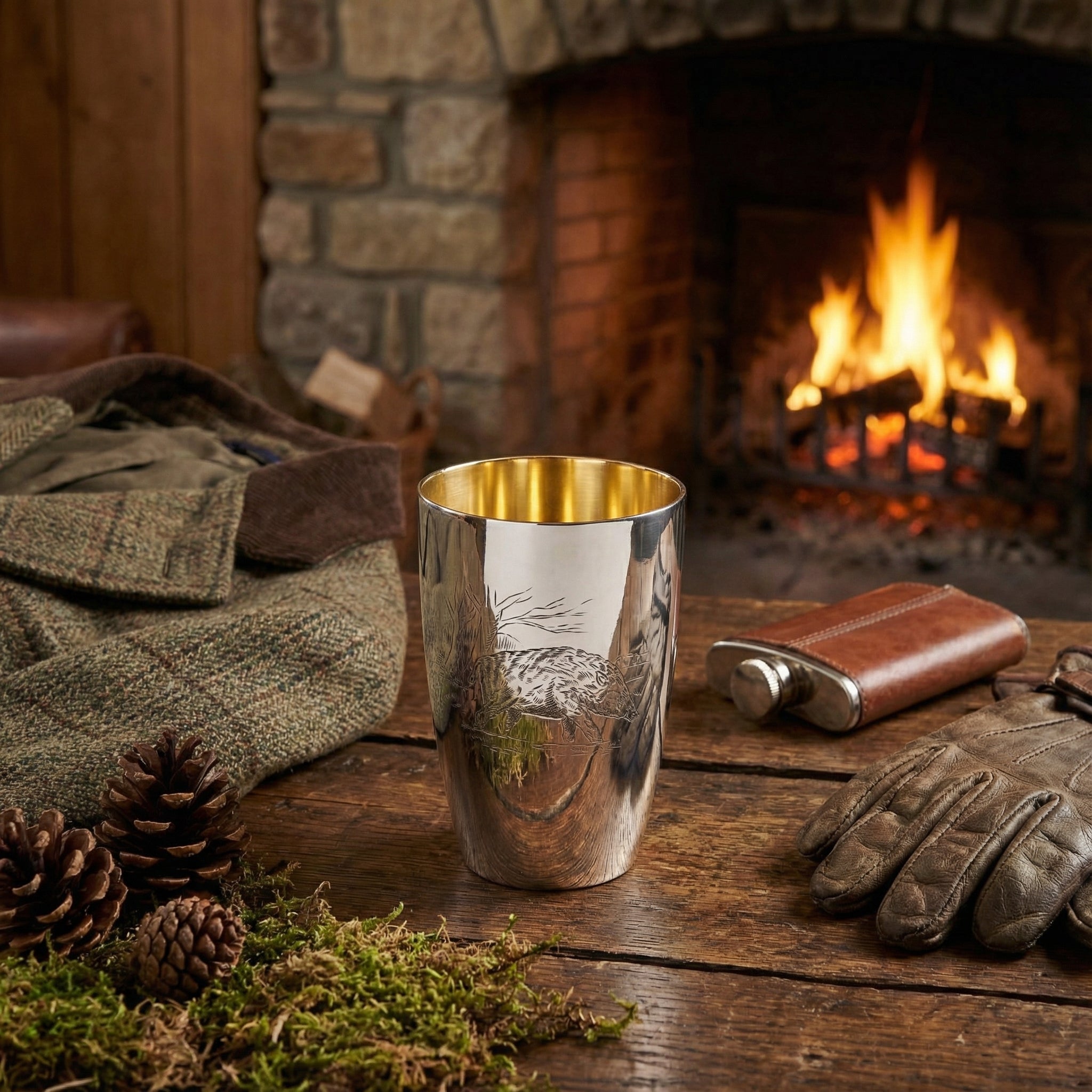 Massiver 925 Sterling Silberbecher mit Jagdgravur - Motiv „Wildschwein“ - Bild 4