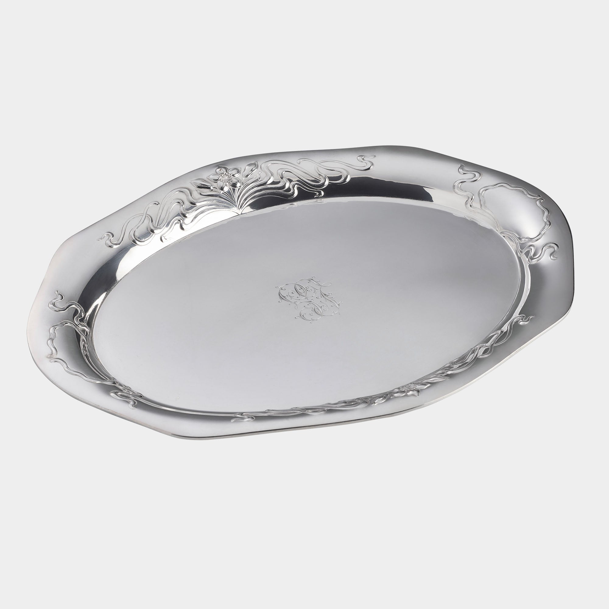 Ovales Jugendstil-Tablett 800er Silber mit Monogramm „LG“